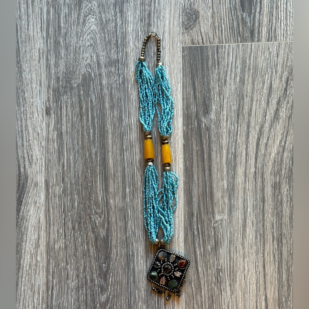 Handmade Turquoise Beaded Multi-Stone Pendant Necklace